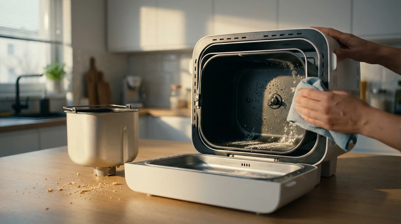 Low angle photograph of hands carefully cleaning the inside of a modern bread machine.