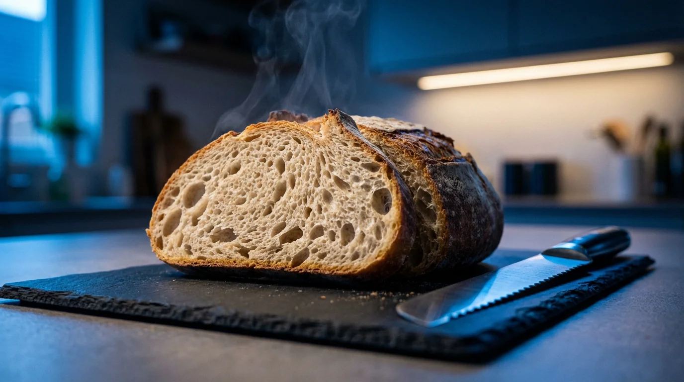 Low angle shot of a cleanly sliced loaf of artisan bread with a serrated knife.