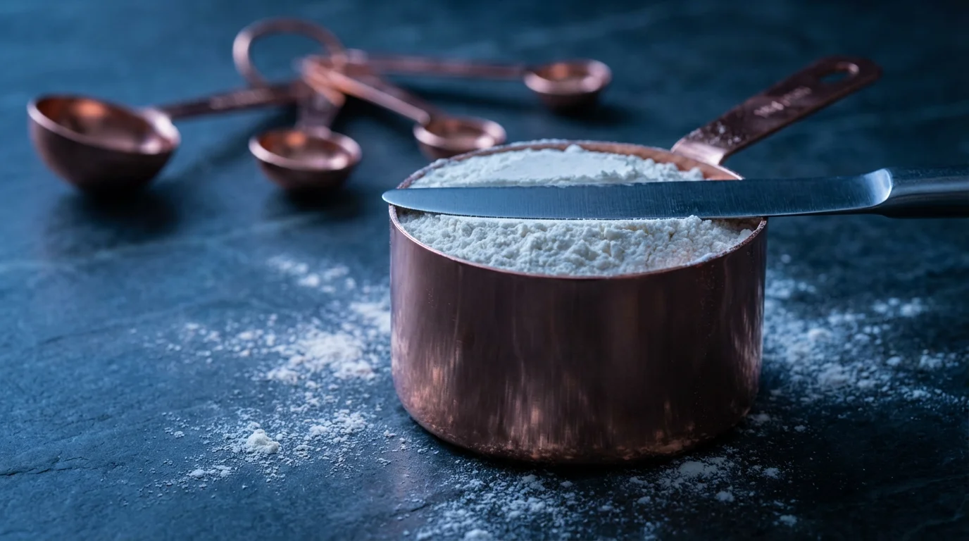 Low angle shot of a copper measuring cup being leveled with flour during blue hour.