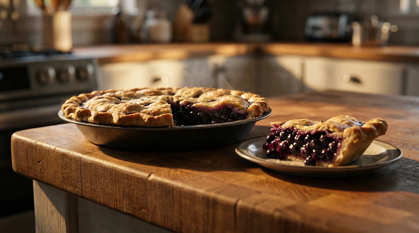 Low angle shot of a crisp blueberry pie in a metal plate during golden hour.