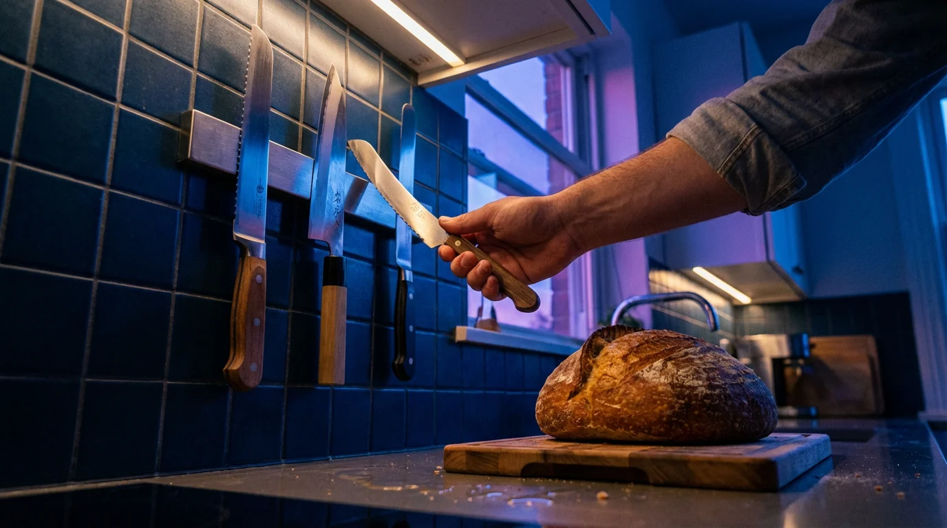 Low angle shot of a hand selecting a bread knife from a magnetic strip.