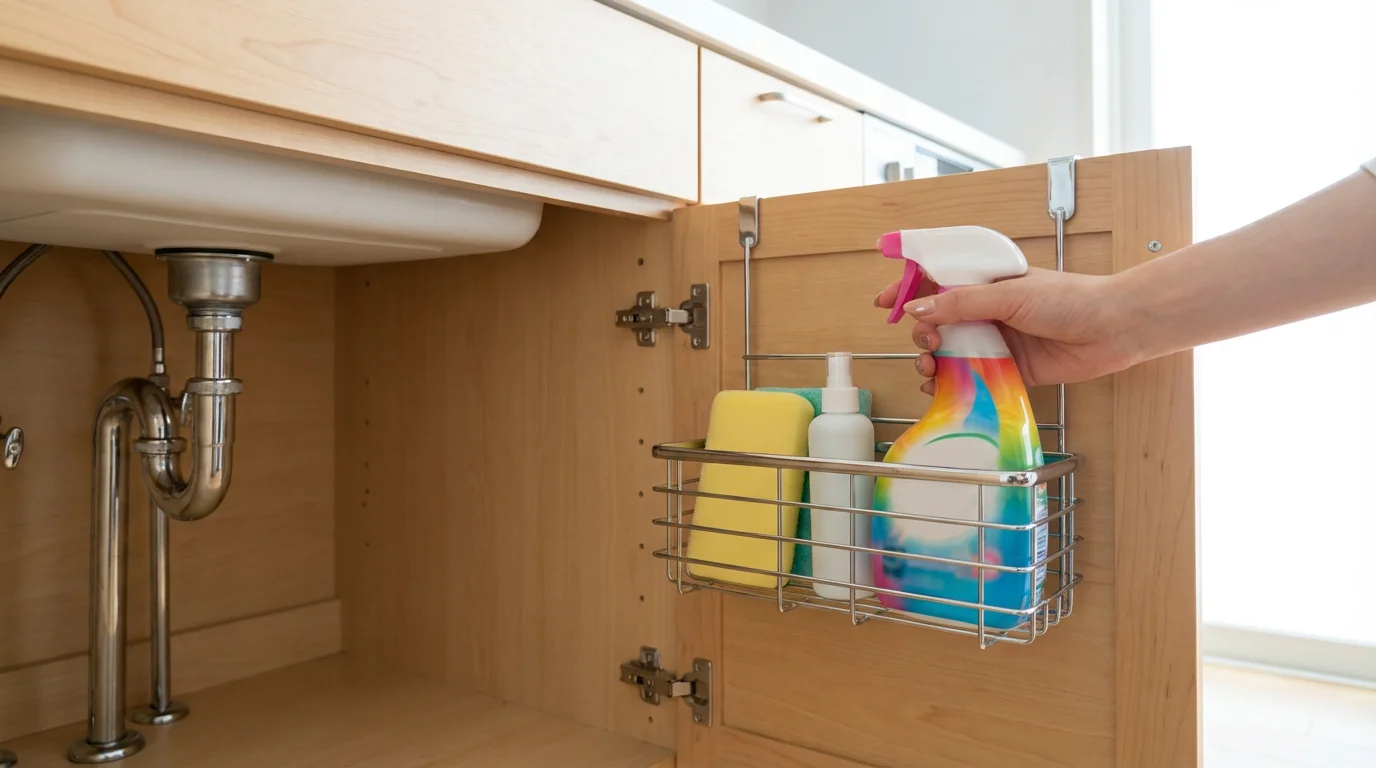 Low angle shot of a hand taking a cleaning bottle from an under-sink cabinet door organizer.