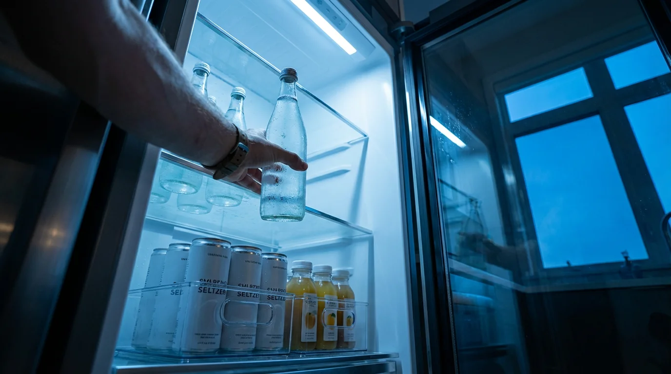 Low angle shot of a hand taking a glass bottle from an organized refrigerator.