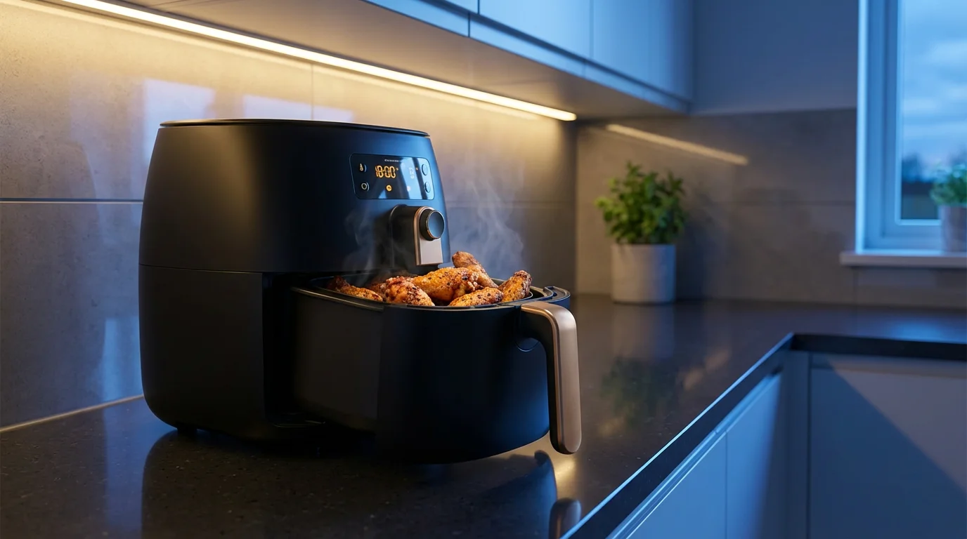 Low angle shot of a modern black air fryer with crispy chicken wings inside.