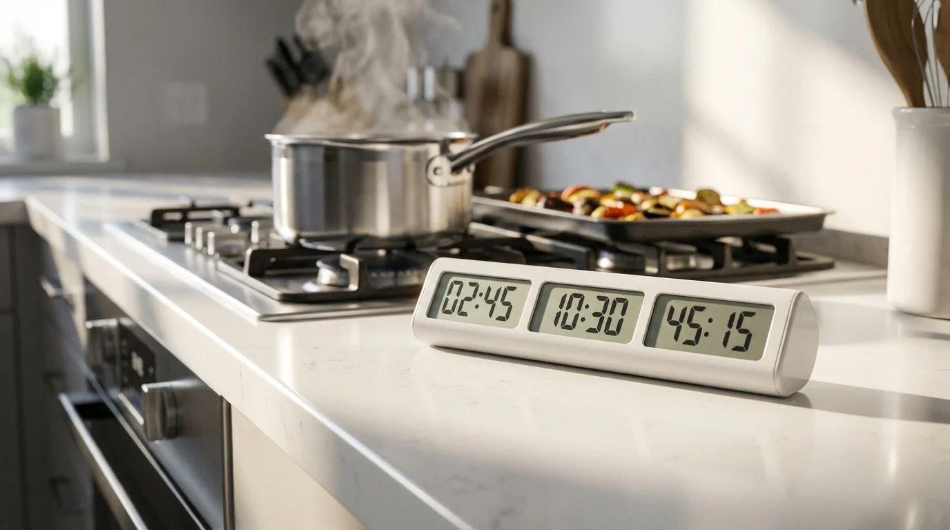 Low angle shot of a multi-channel digital kitchen timer on a modern quartz countertop.