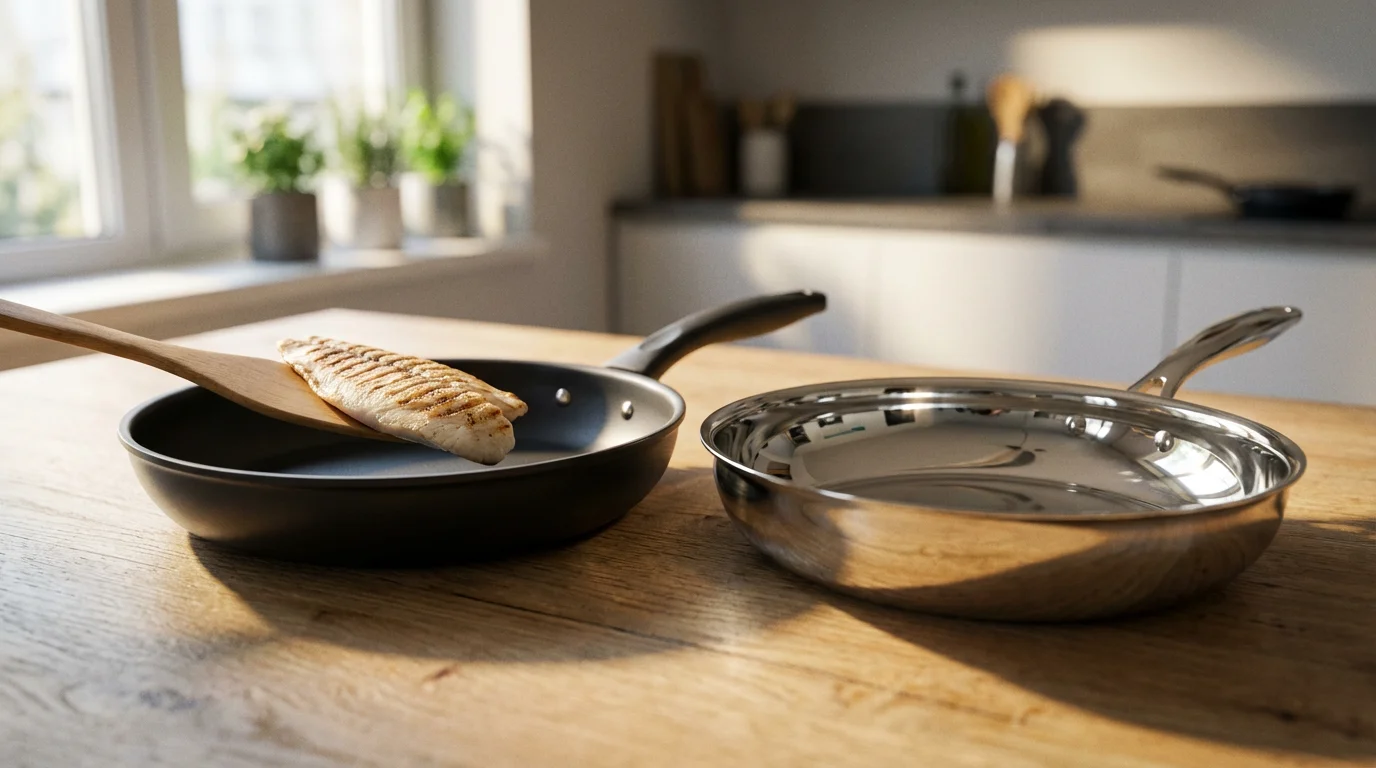 Low angle shot of a non-stick pan with a fish fillet next to an empty stainless steel pan.