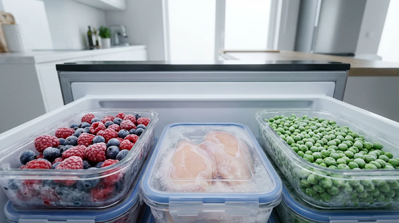 Low angle shot of a perfectly organized bottom freezer drawer with clear storage bins.