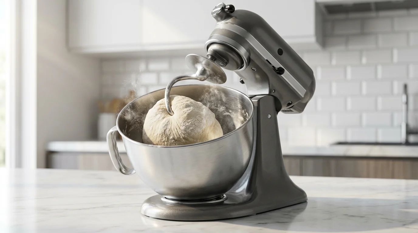 Low angle shot of a powerful stand mixer kneading dough in a modern kitchen.