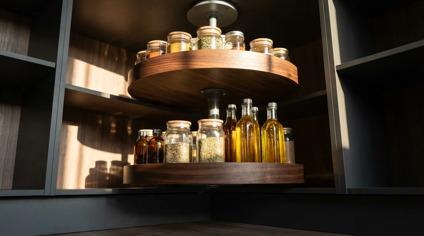 Low angle shot of a rotating wooden lazy susan organizing jars in a pantry.