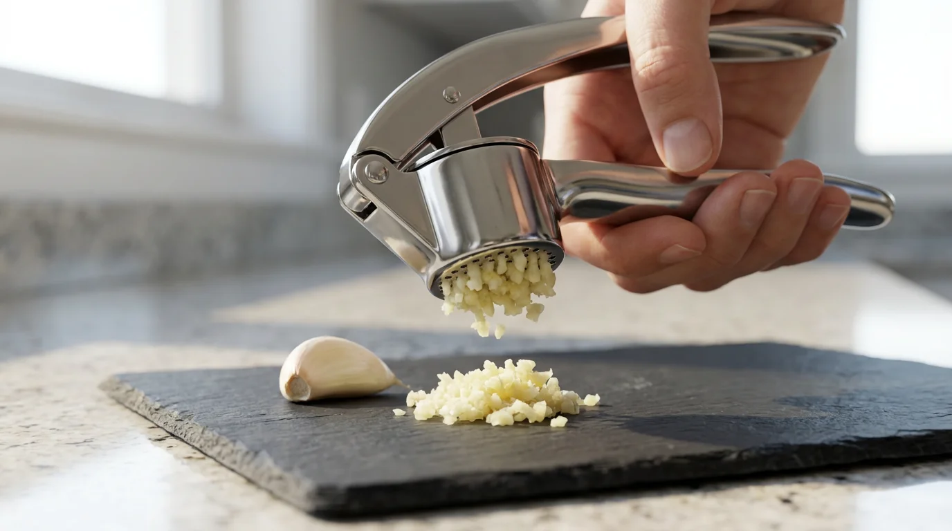 Low angle shot of a stainless steel garlic press mincing garlic onto a slate board.