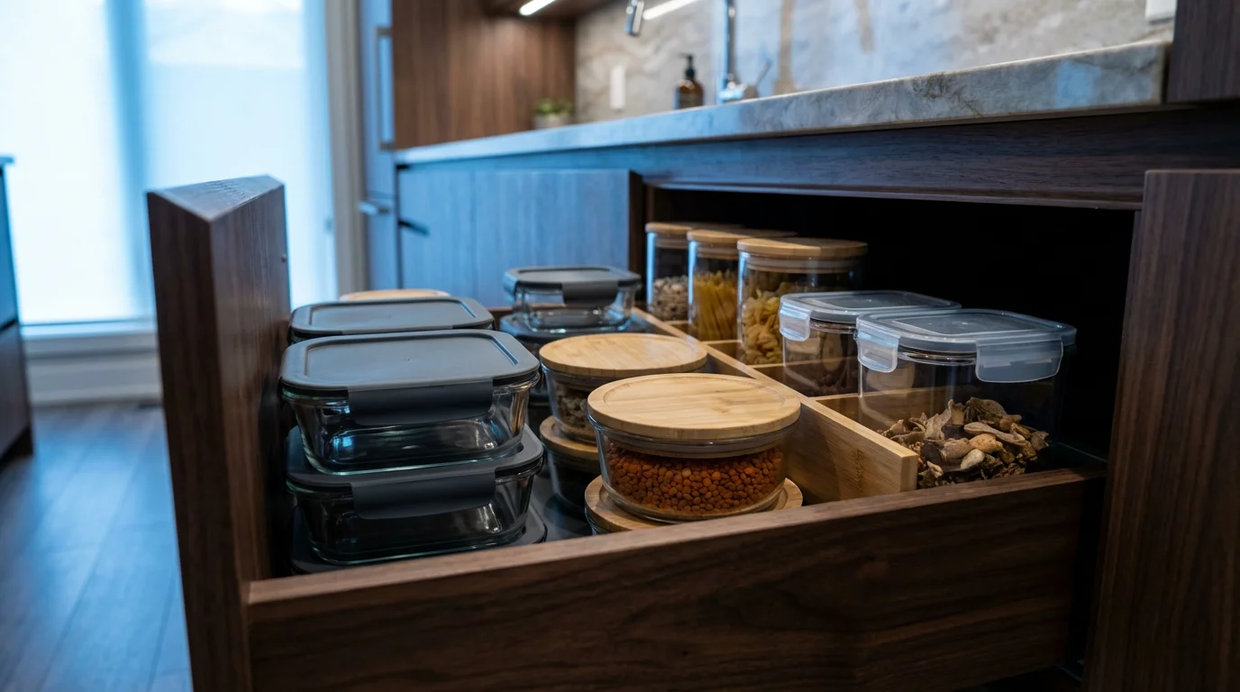 Low angle shot of a tidy kitchen drawer filled with food storage containers.