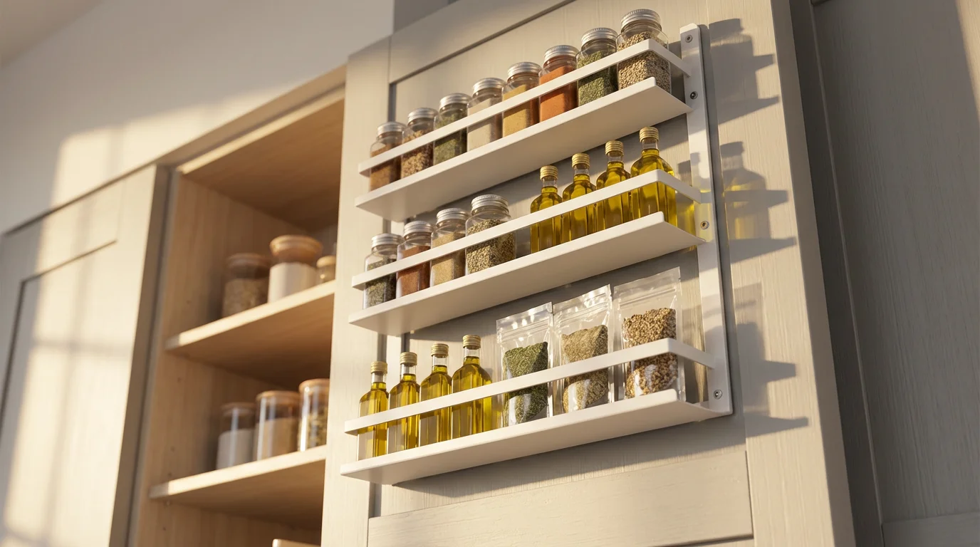 Low angle shot of a white door-mounted rack in a pantry filled with organized jars and bottles.