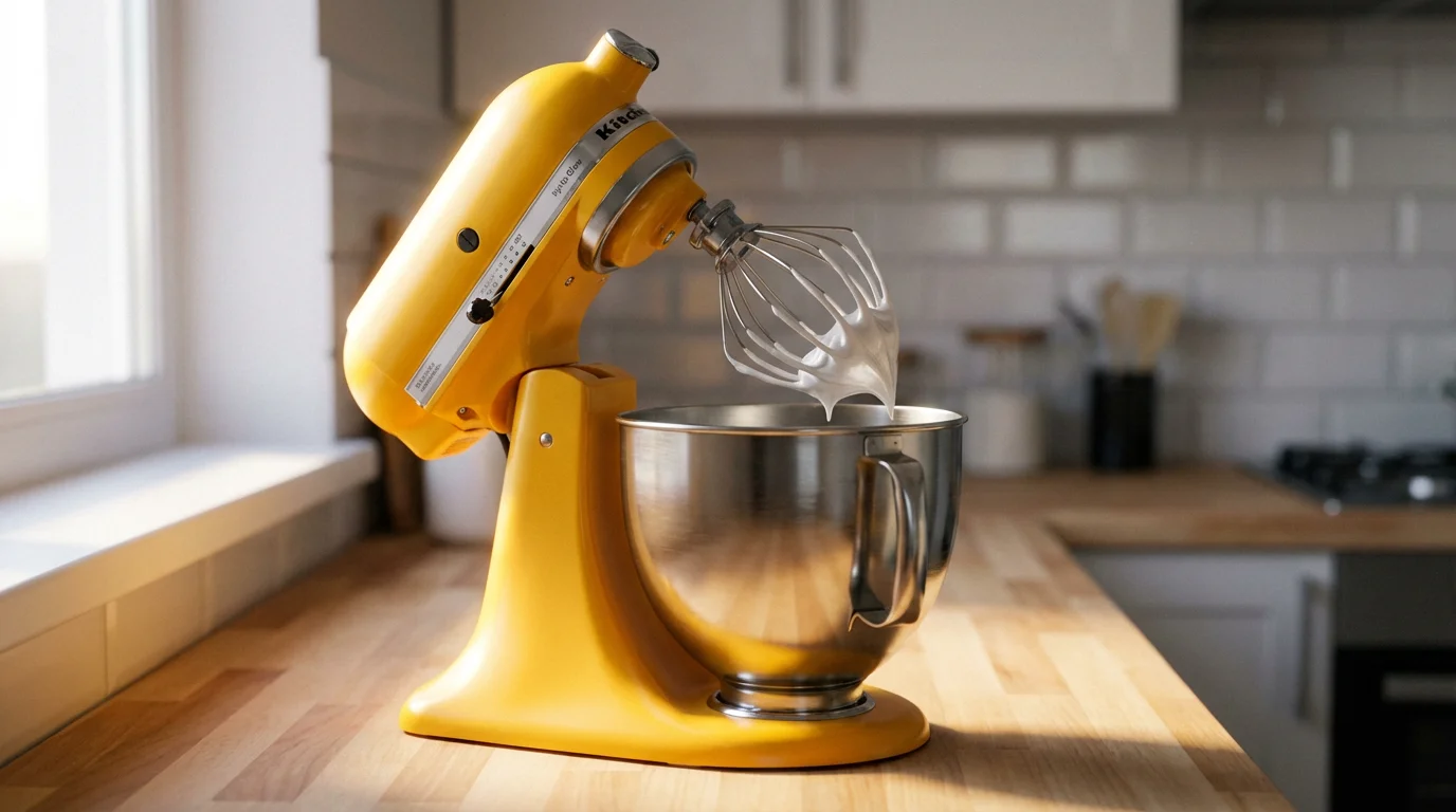 Low angle shot of a yellow stand mixer whipping meringue in a modern kitchen.