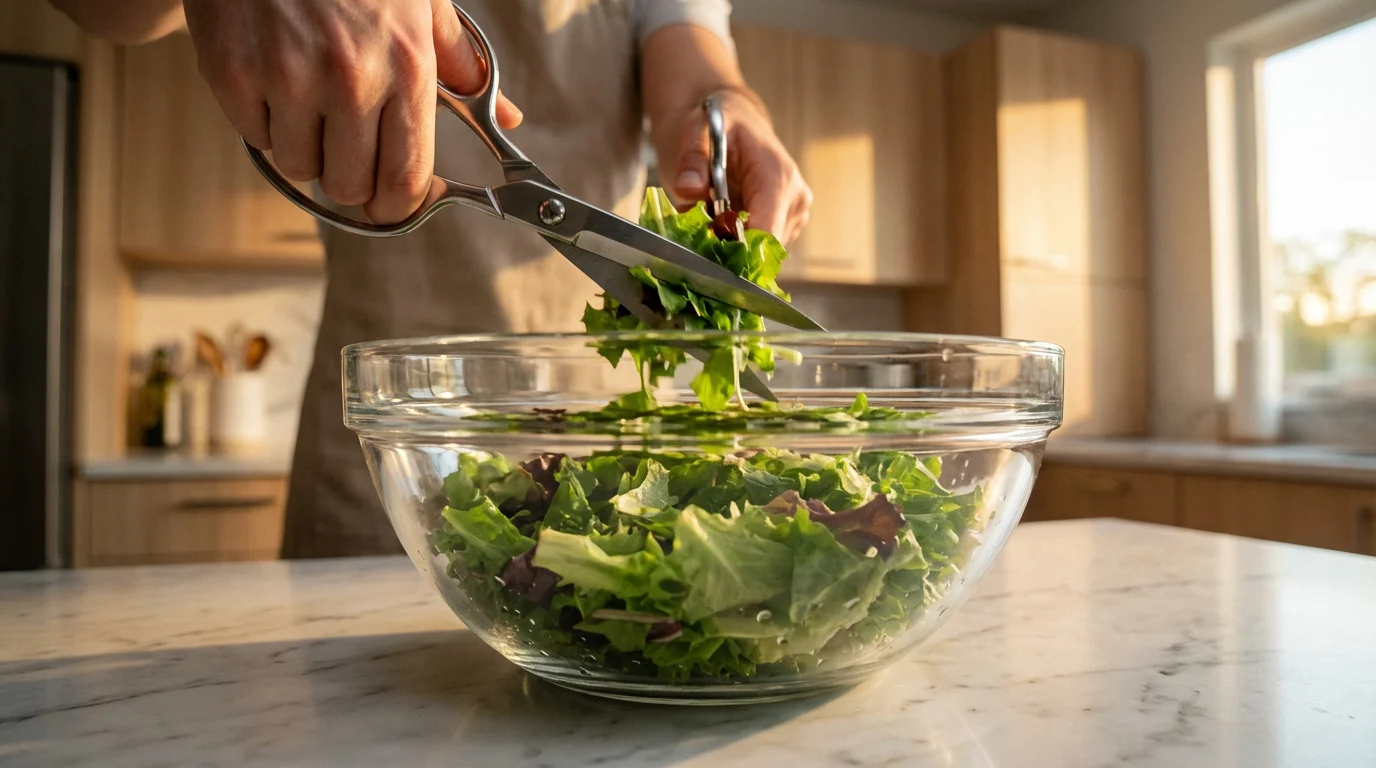 Low angle shot of hands using stainless steel salad scissors in a glass bowl.