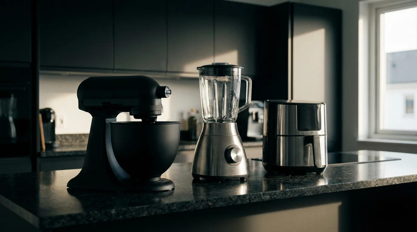 Low angle shot of modern kitchen appliances on a countertop during a moody afternoon.