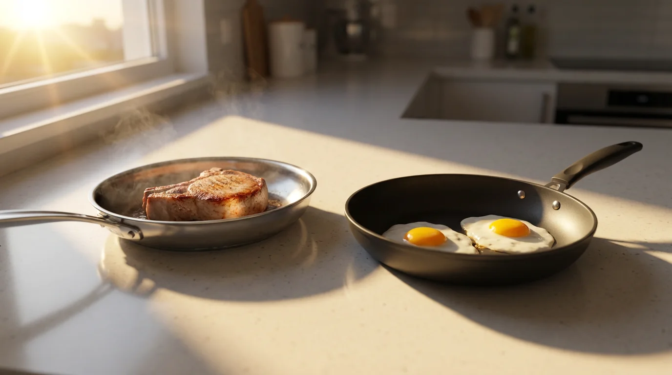 Low angle shot of stainless steel and non-stick pans cooking different foods side-by-side.