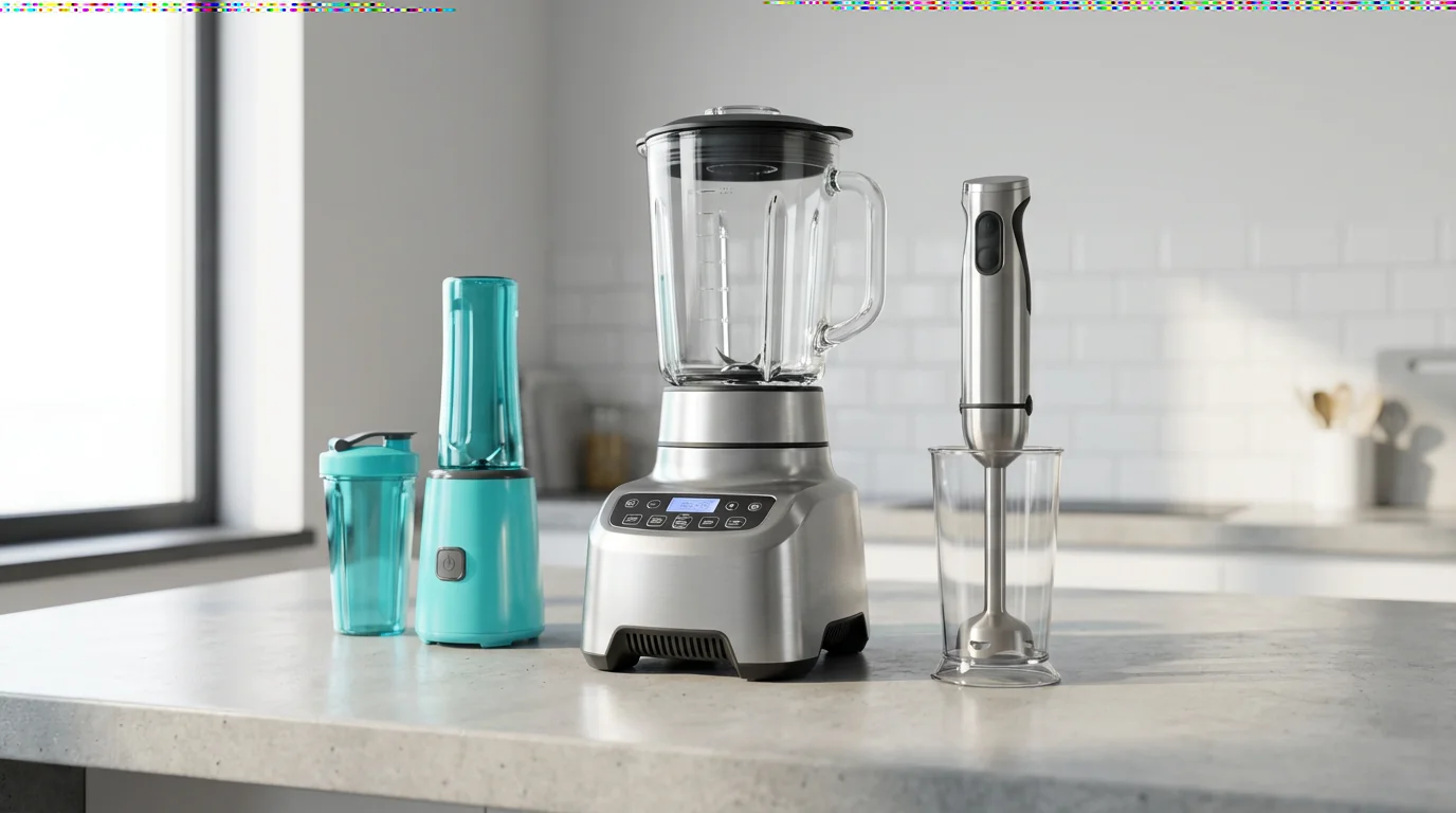 Low angle shot of three different blenders—countertop, personal, and immersion—on a modern kitchen counter.