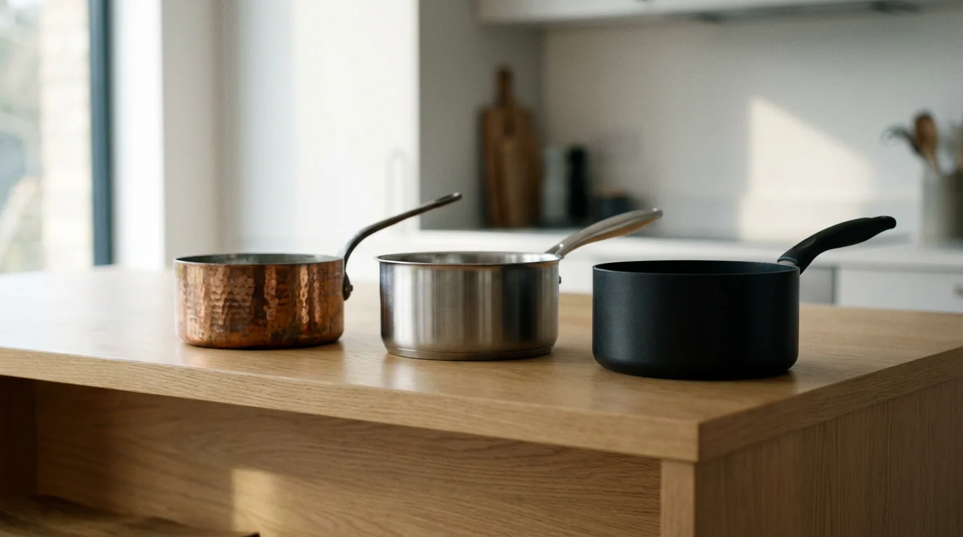 Low angle shot of three saucepans made of different materials on a kitchen counter.
