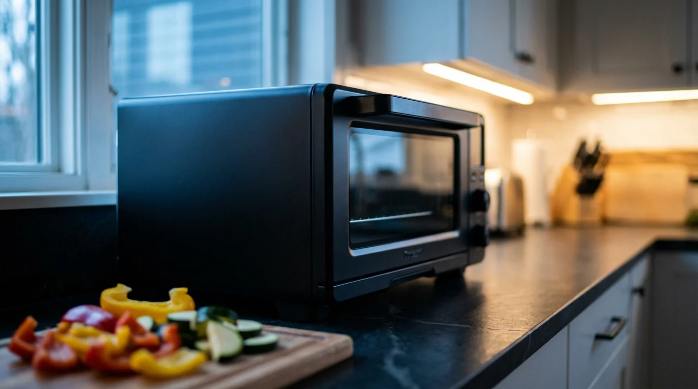 Low angle view of a modern black toaster oven on a kitchen counter at twilight.
