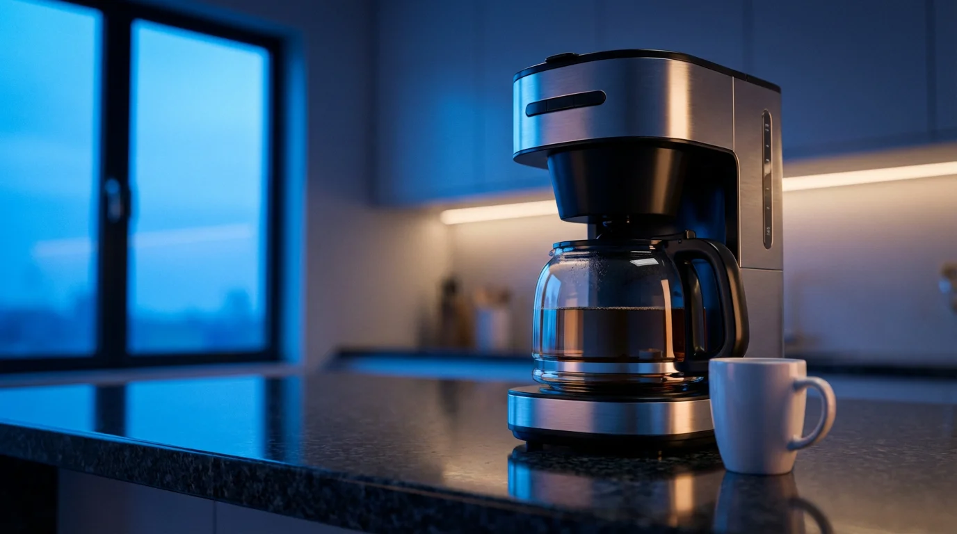 Low angle view of a modern drip coffee maker on a kitchen counter at dusk.