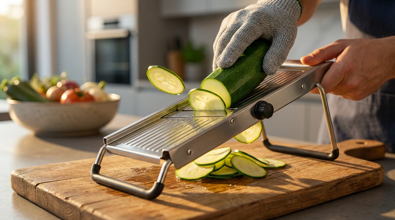 Low angle view of a person safely using a mandoline to slice a zucchini.