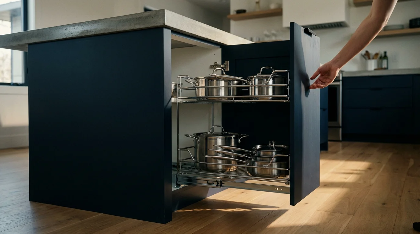 Low angle view of a pull-out organizer with pots in a modern kitchen island.