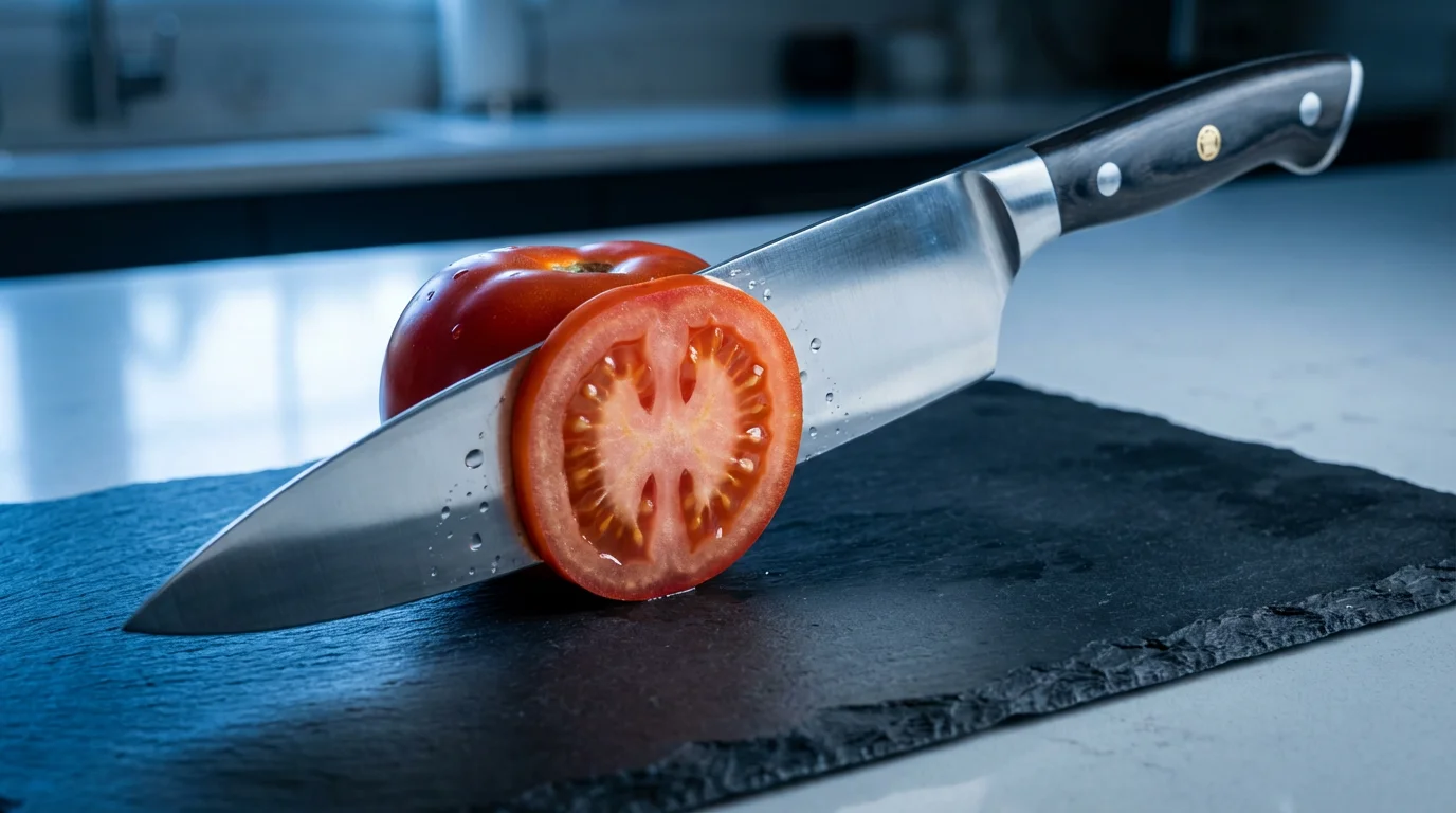 Low angle view of a sharp chef's knife effortlessly slicing a red tomato.