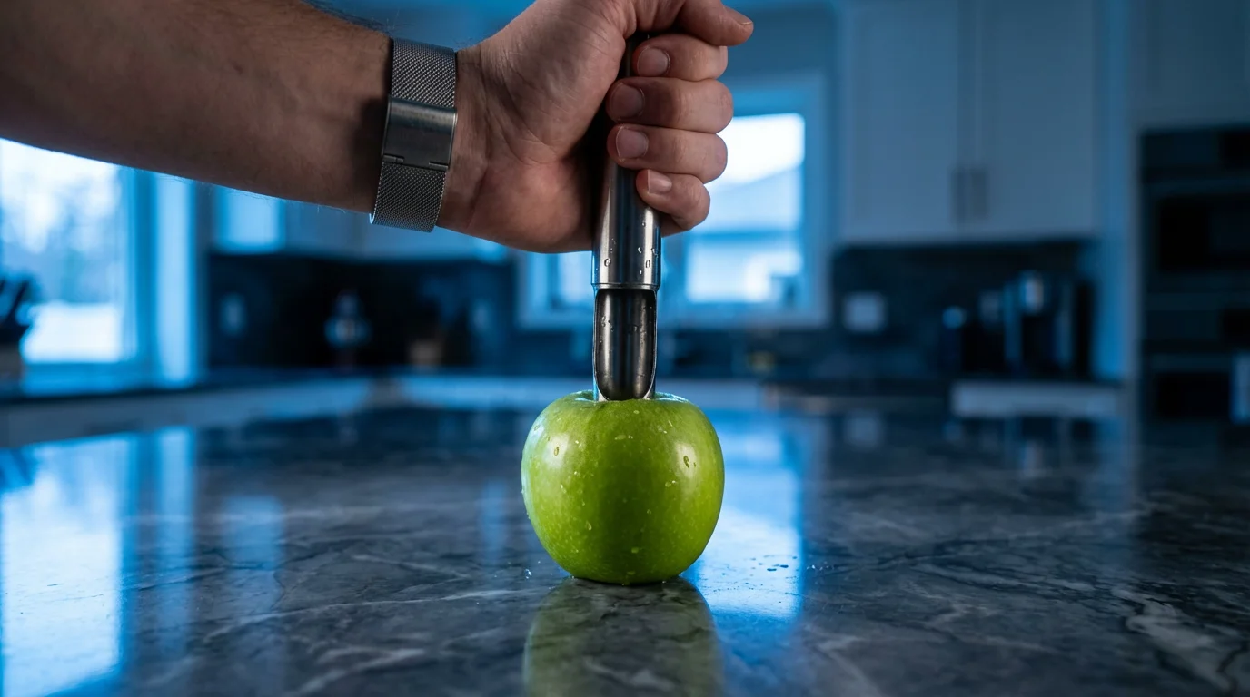 Low-angle view of a stainless steel apple corer being pushed through a green apple.