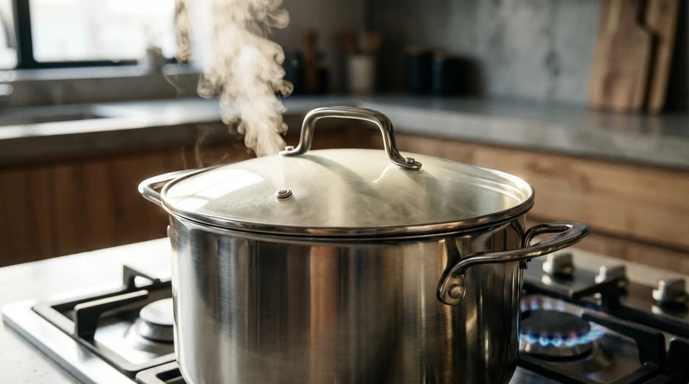 Low angle view of a stockpot with steam escaping from its vented glass lid.