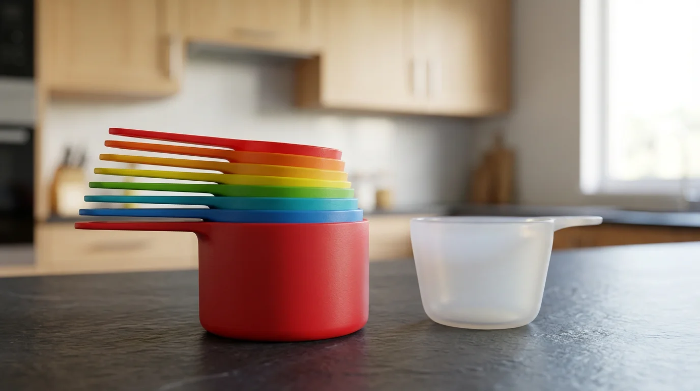 Low angle view of colorful plastic and flexible silicone measuring cups on a dark countertop.
