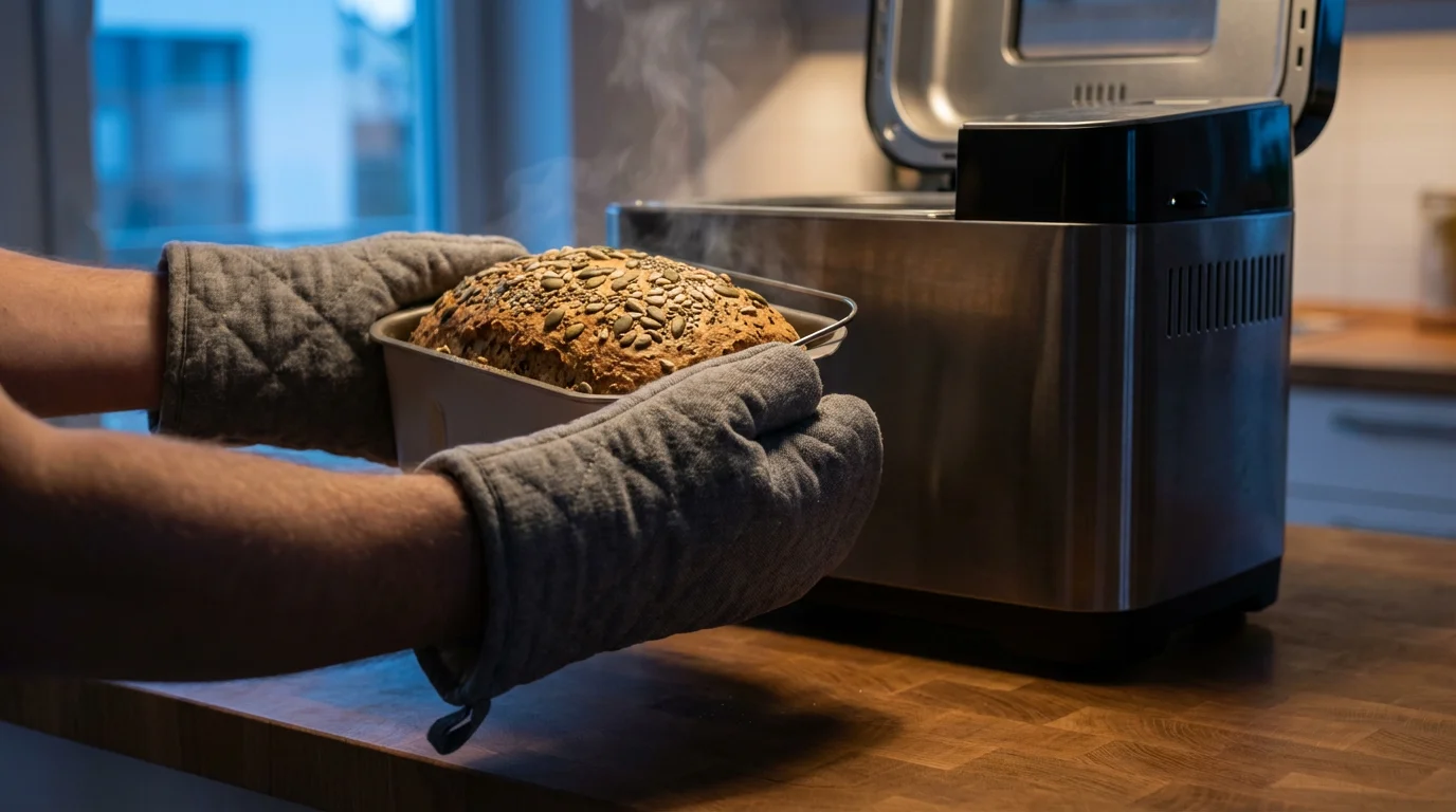 Low angle view of hands in oven mitts lifting a gluten-free loaf from a bread machine.