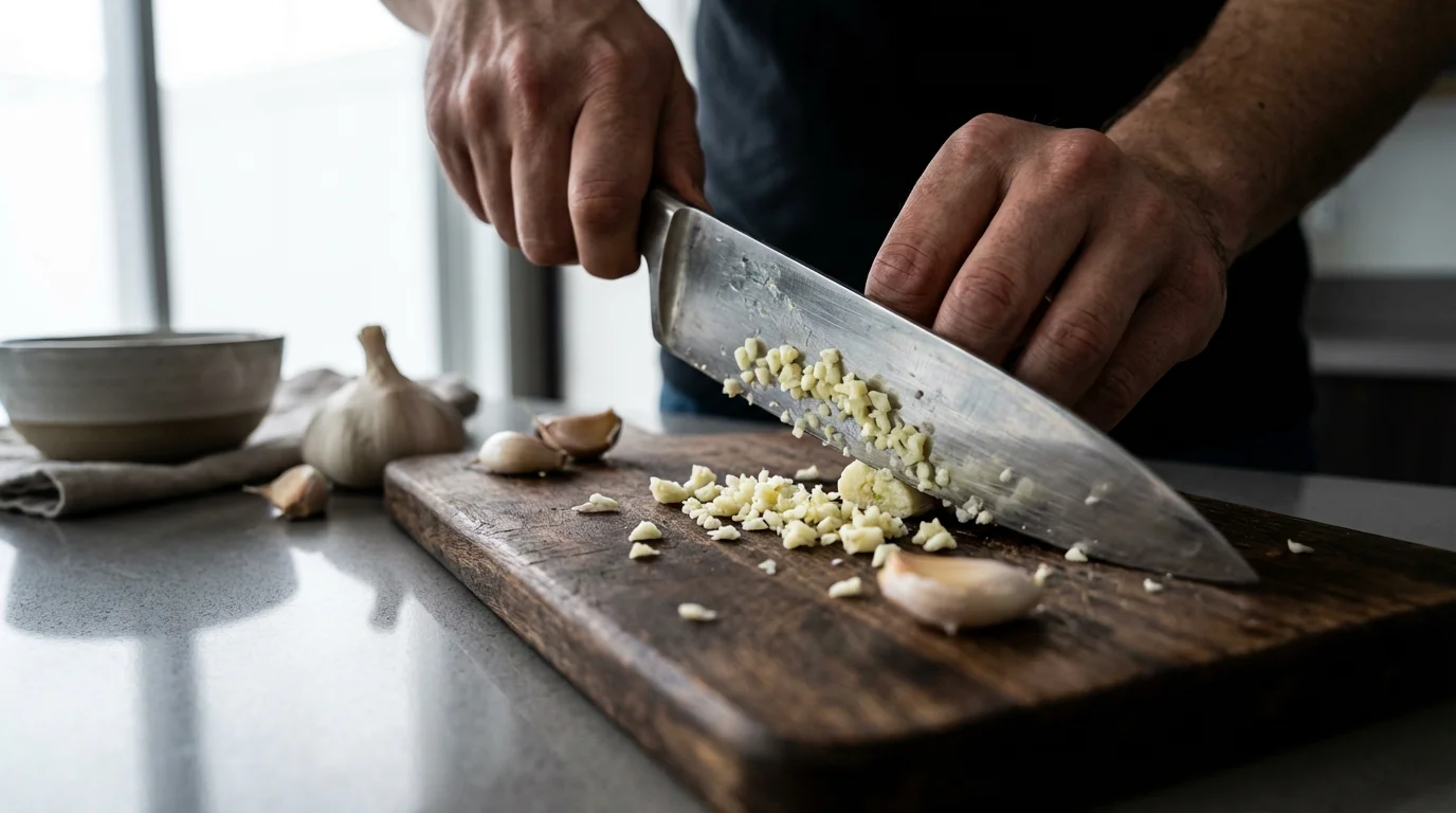 Low angle view of hands mincing garlic with a chef's knife on a cutting board.