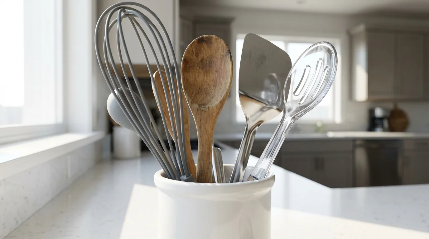 Low angle view of kitchen utensils in silicone, wood, metal, and plastic materials.