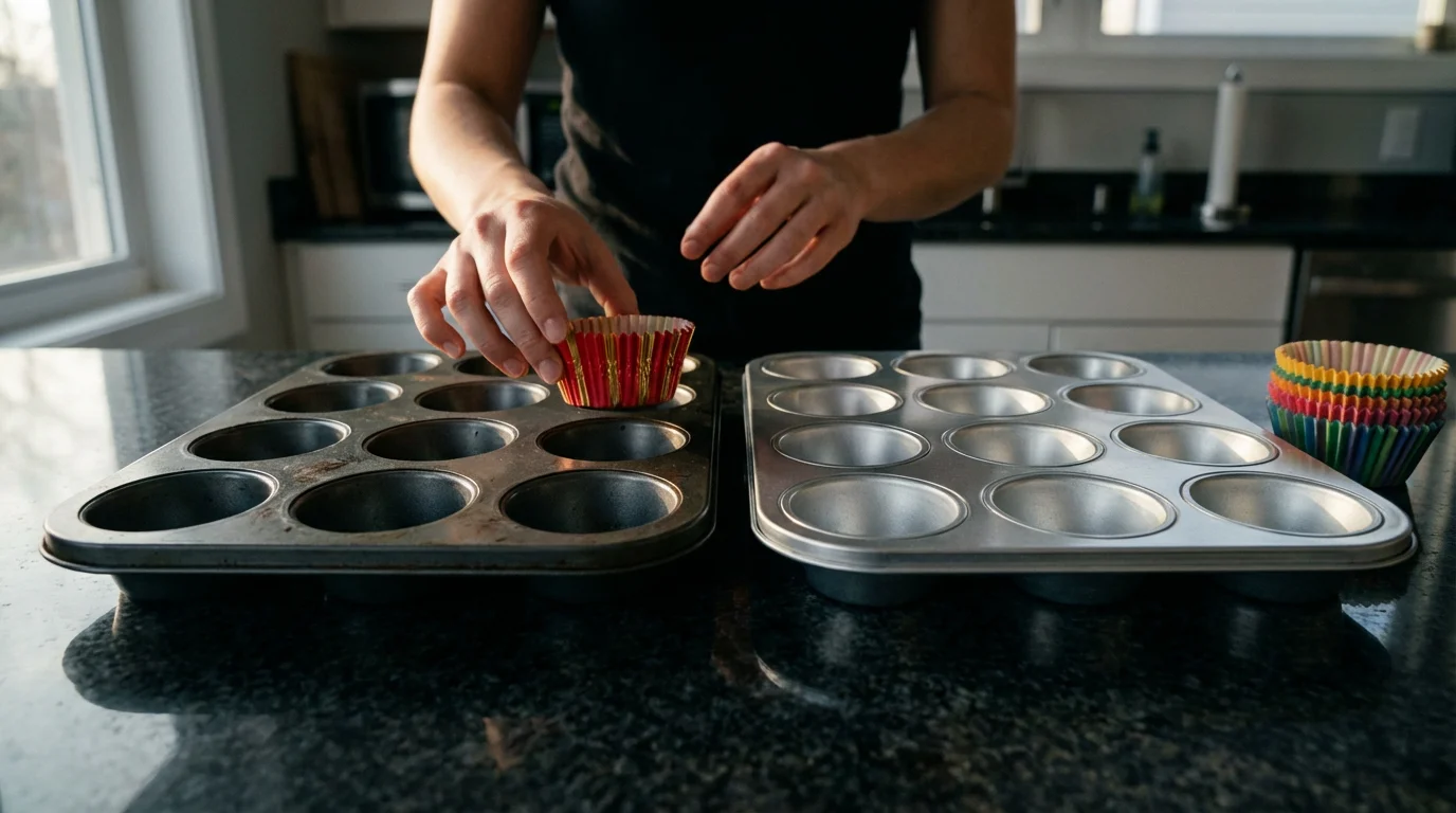 Low angle view of two different muffin tins being prepared with paper liners.