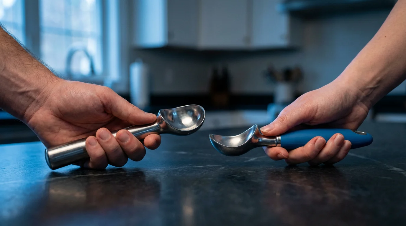 Low angle view of two hands comfortably holding different ergonomic ice cream scoops.