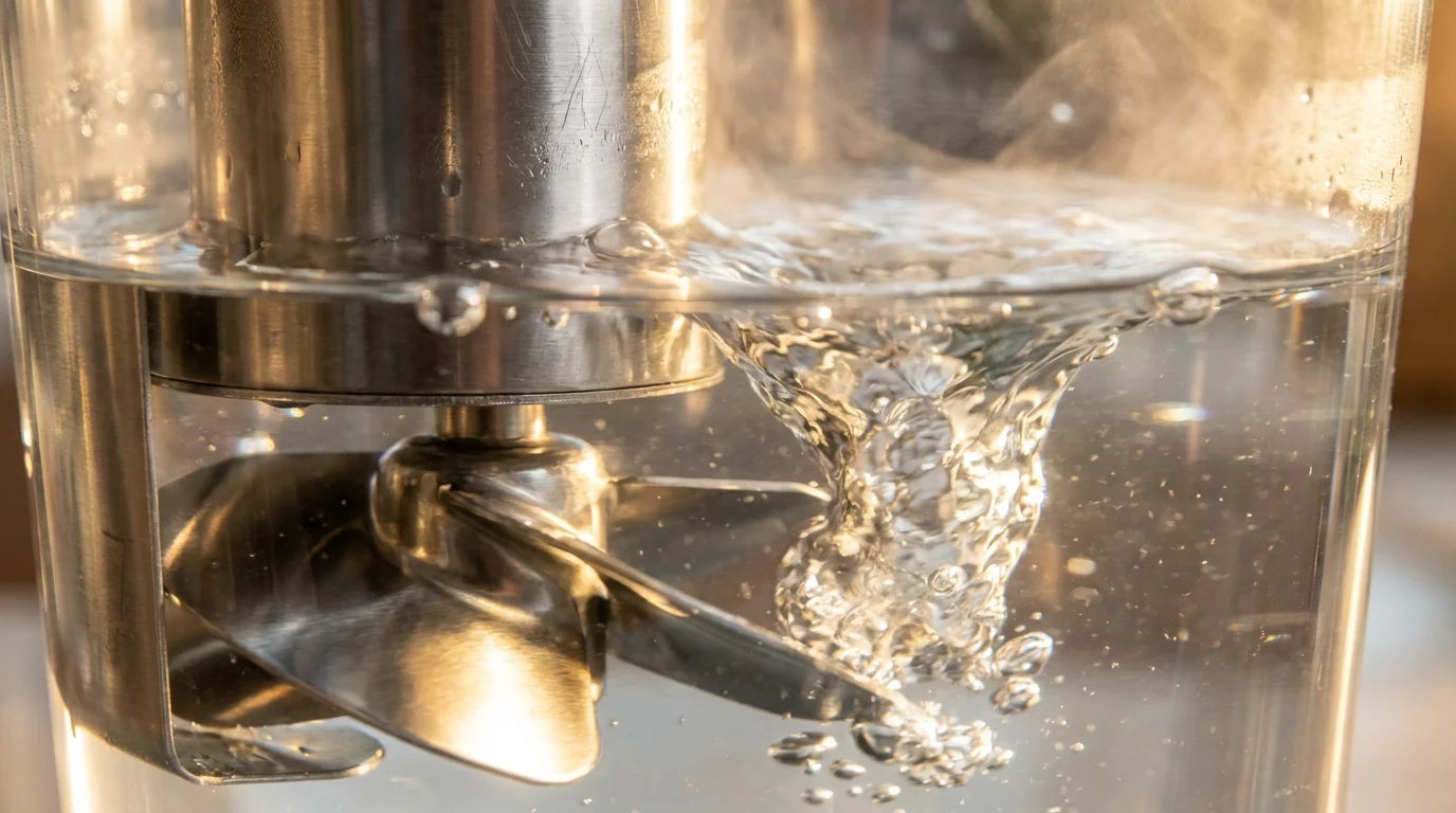 Macro close-up of a sous vide circulator creating a vortex in a water bath.