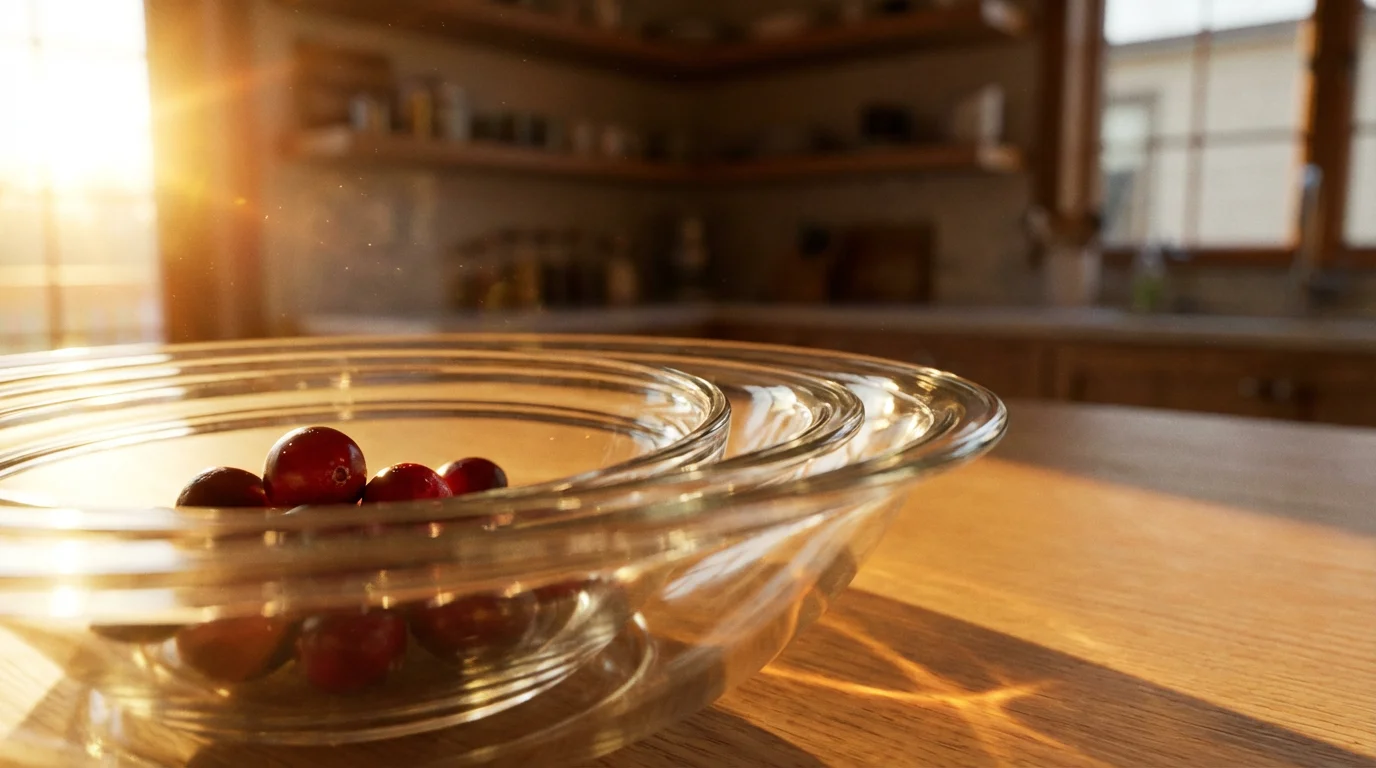 Macro close-up of a stacked glass mixing bowl set in warm golden hour light.