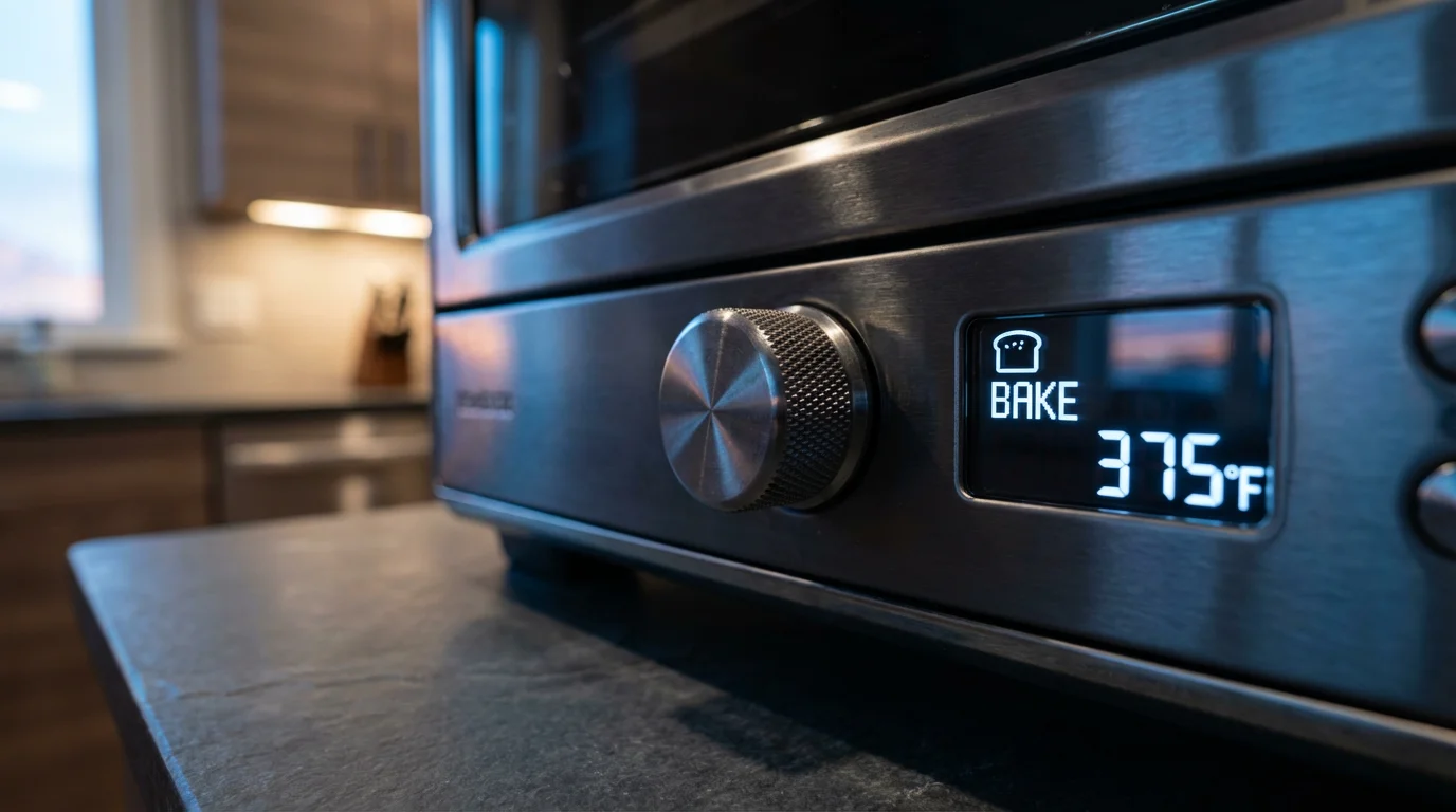 Macro close-up of a textured metal control knob on a modern toaster oven.
