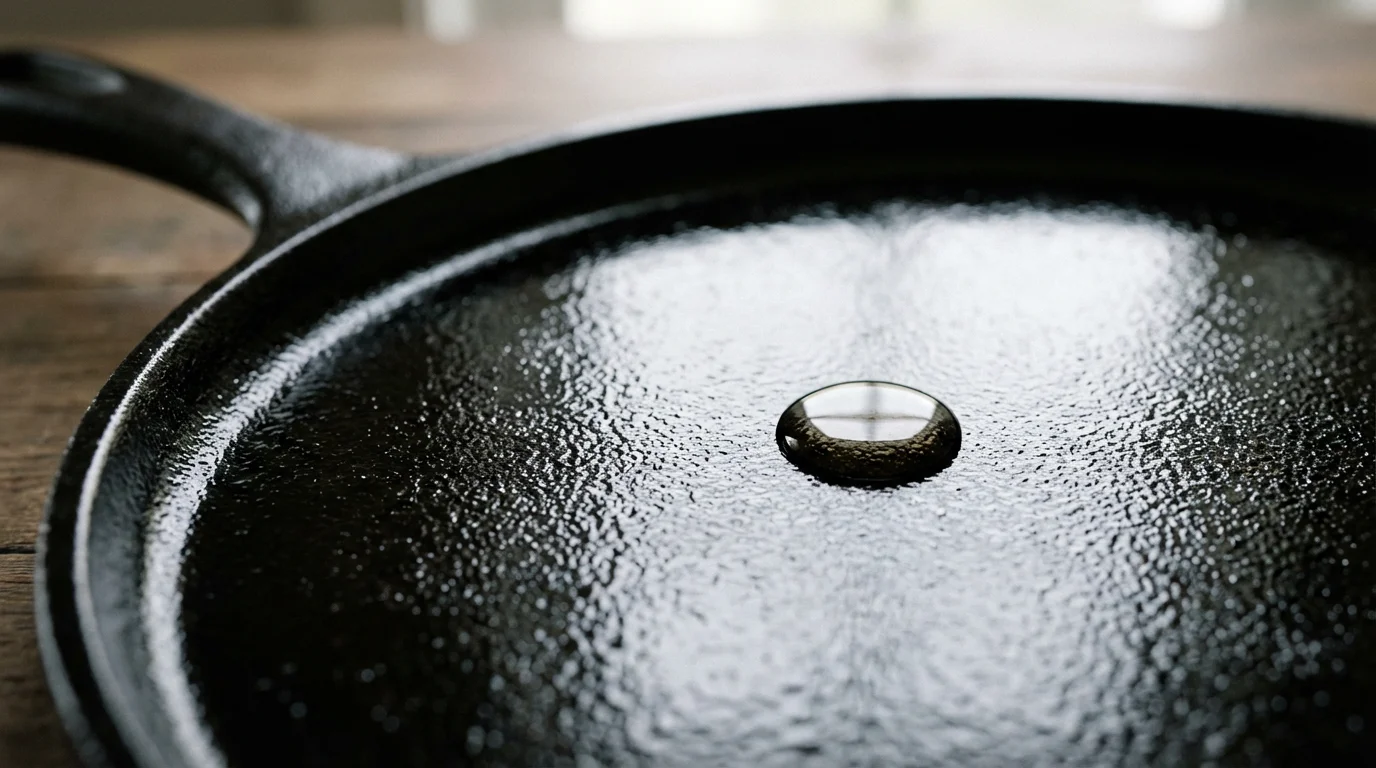 Macro close-up of a water droplet beading on a well-seasoned cast iron skillet surface.