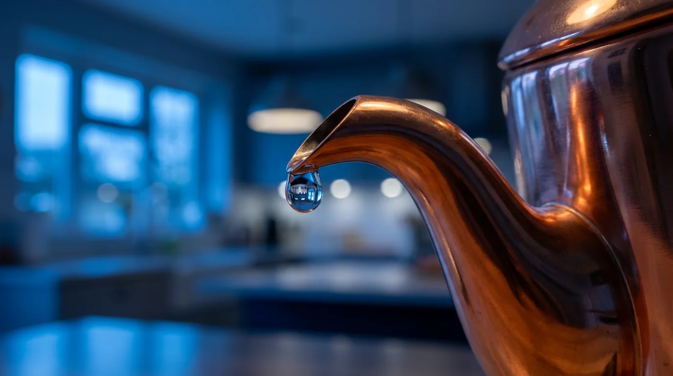 Macro close-up of a water droplet on a copper electric kettle spout at dusk.
