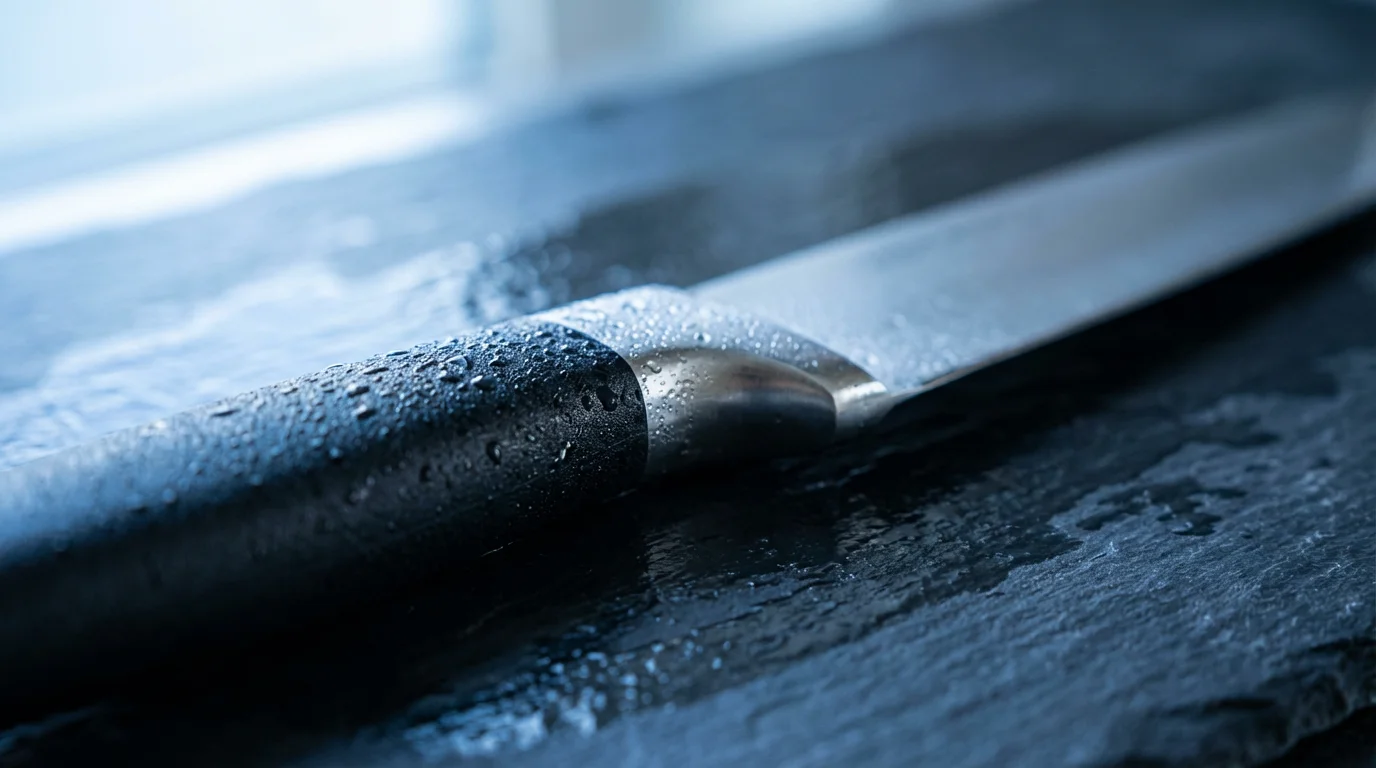 Macro close-up of a wet chef's knife handle with water droplets on it.
