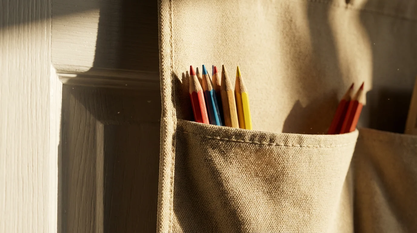 Macro close-up of colored pencils in a beige fabric over-door organizer pocket.