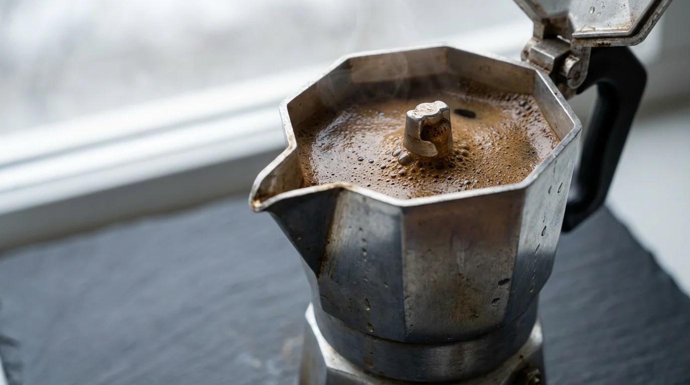 Macro close-up of hot coffee brewing in a classic stovetop Moka pot.