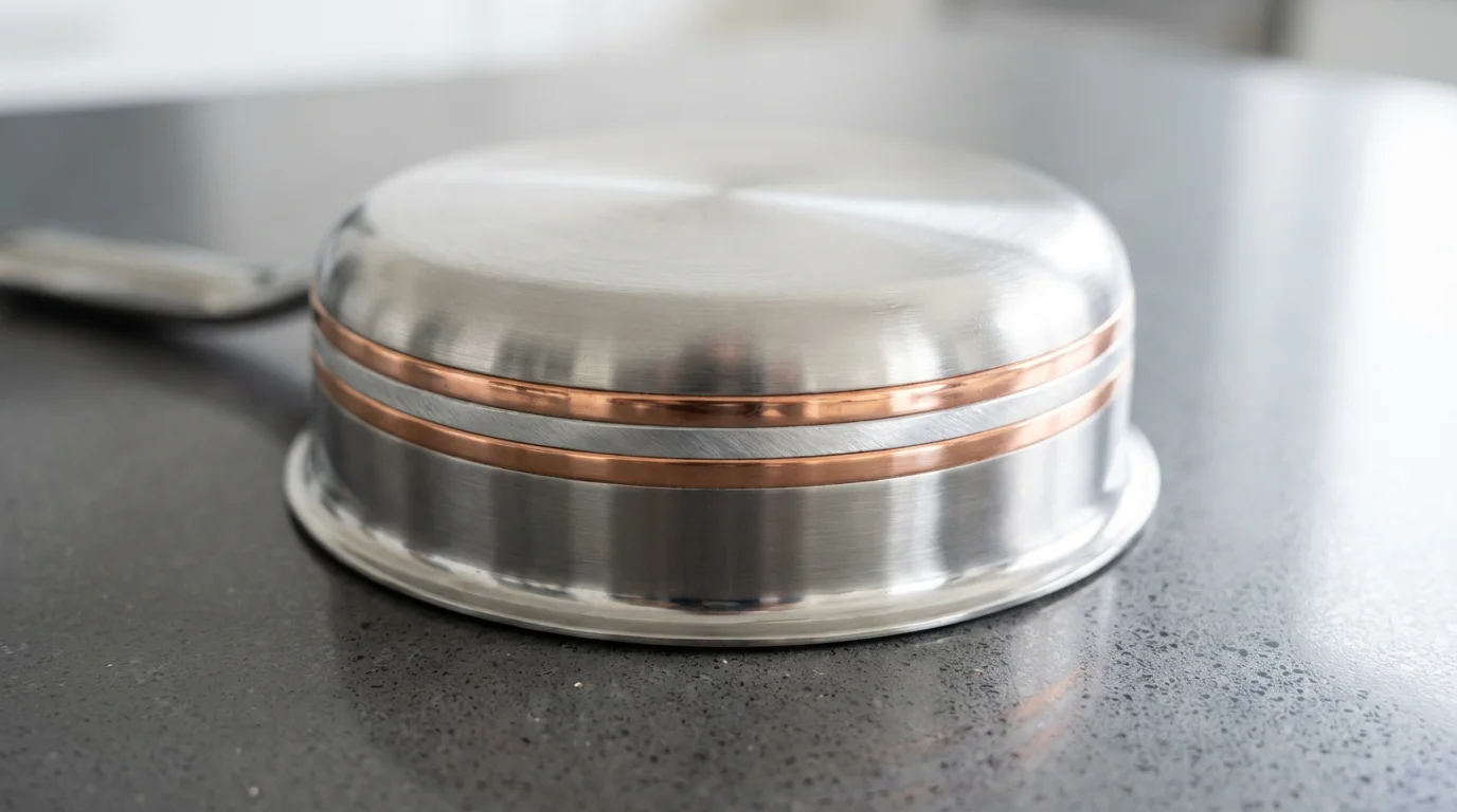 Macro close-up of the multi-ply layered base of a quality stainless steel saucepan.