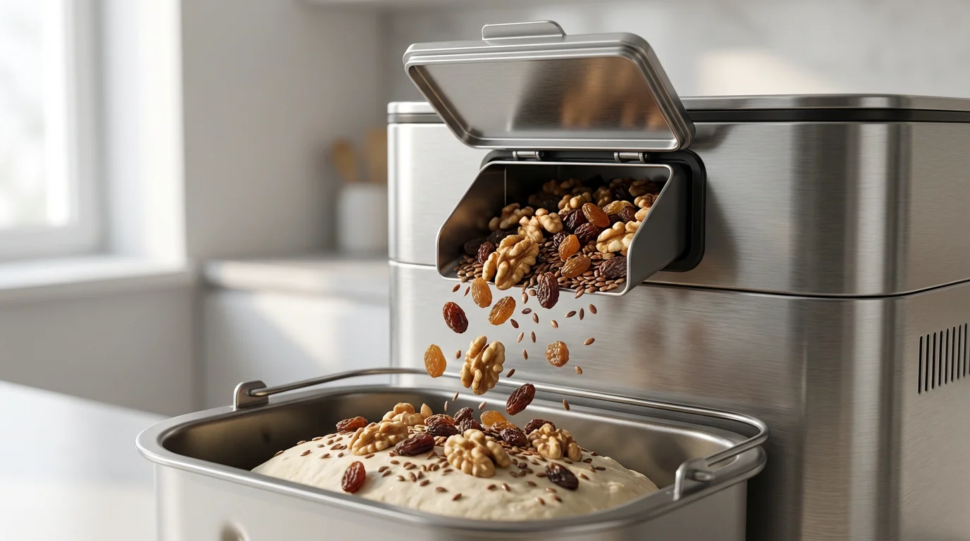 Macro photo of a bread machine's automatic dispenser dropping nuts and seeds into dough.