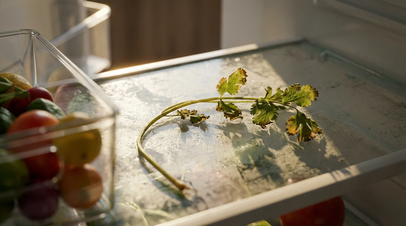 Macro photo of a forgotten, wilted sprig of cilantro inside a refrigerator.