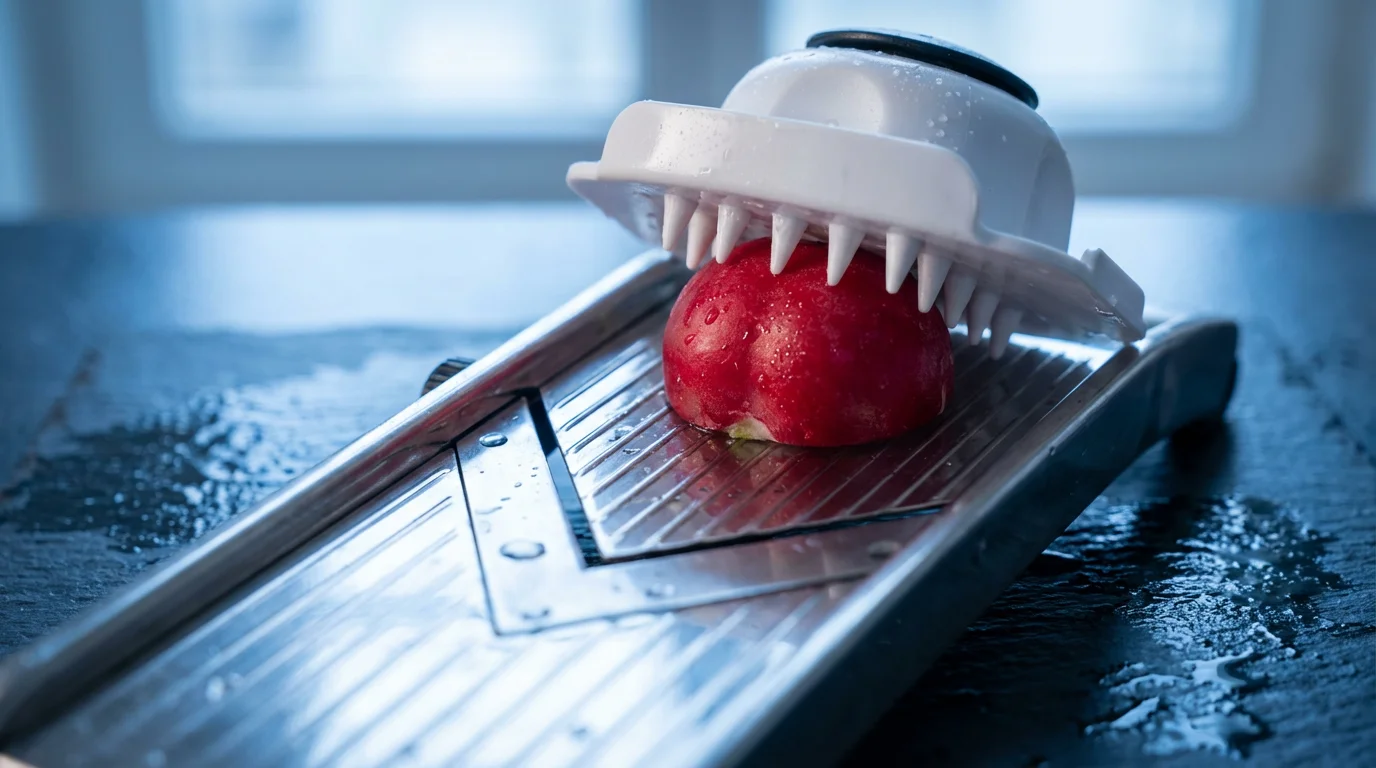 Macro photo of a mandoline slicer safety guard holding a red radish securely.