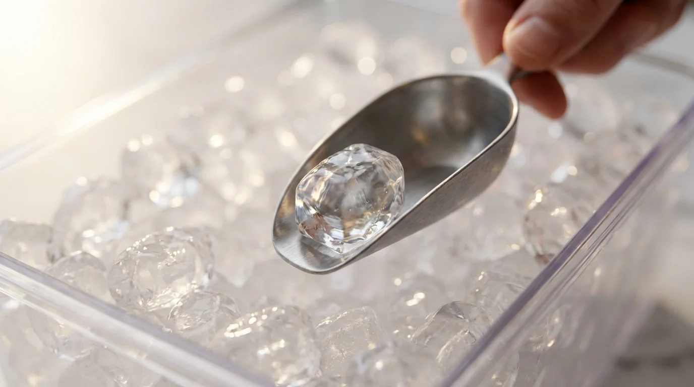 Macro photo of a metal scoop lifting a single perfect nugget ice cube.