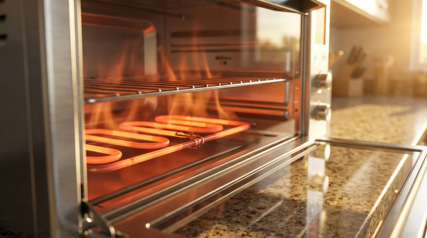 Macro photo of a toaster oven's glowing orange heating element, symbolizing energy use.