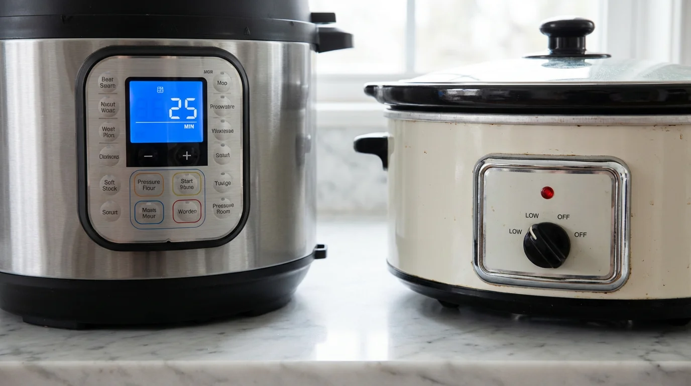 Macro photo of an Instant Pot digital display next to a slow cooker's analog dial.